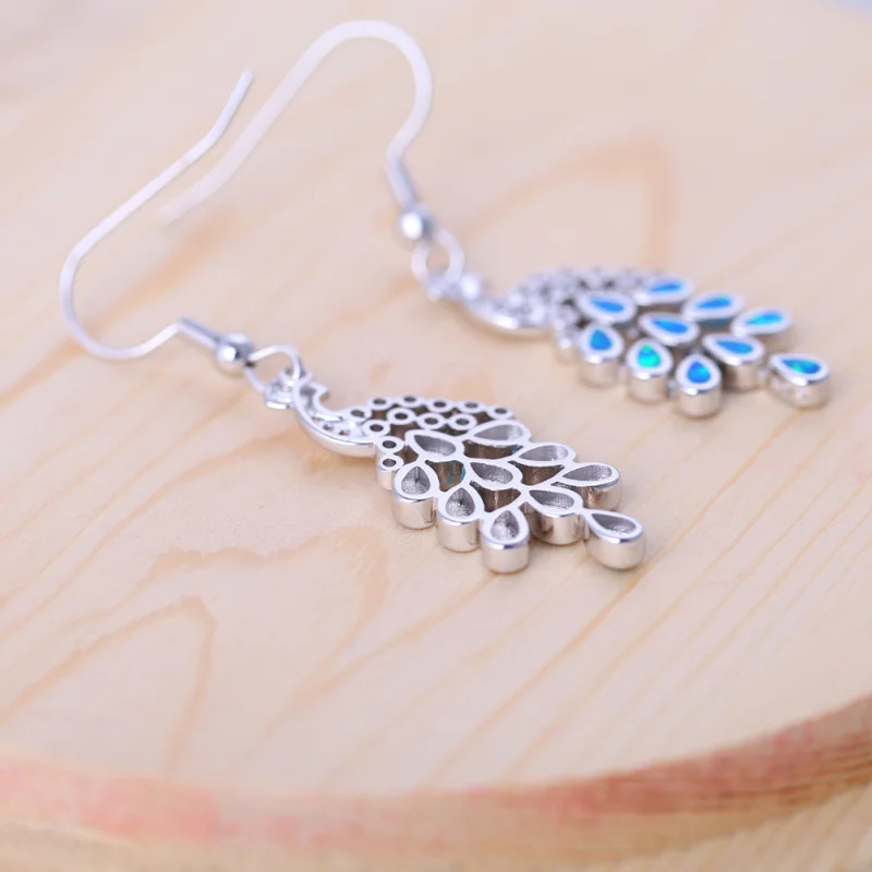ROLILASON The new peacock design is for ladies wedding gift blue Fire Opal Silver Drop Earrings Fashion Jewelry OE703 | Украшения и