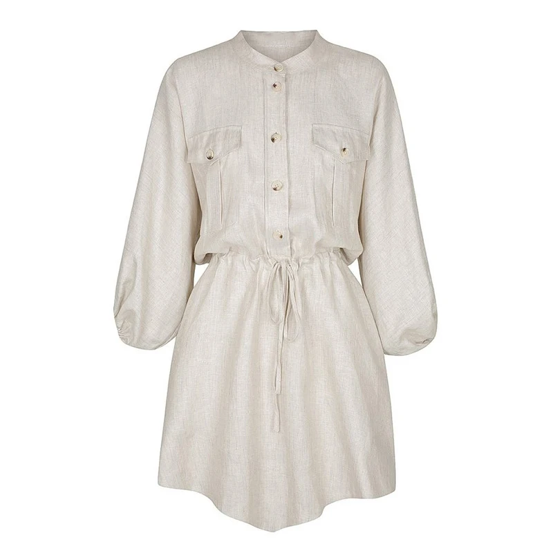 Винтажное женское мини платье рубашка повседневный с рукавом фонариком короткое
