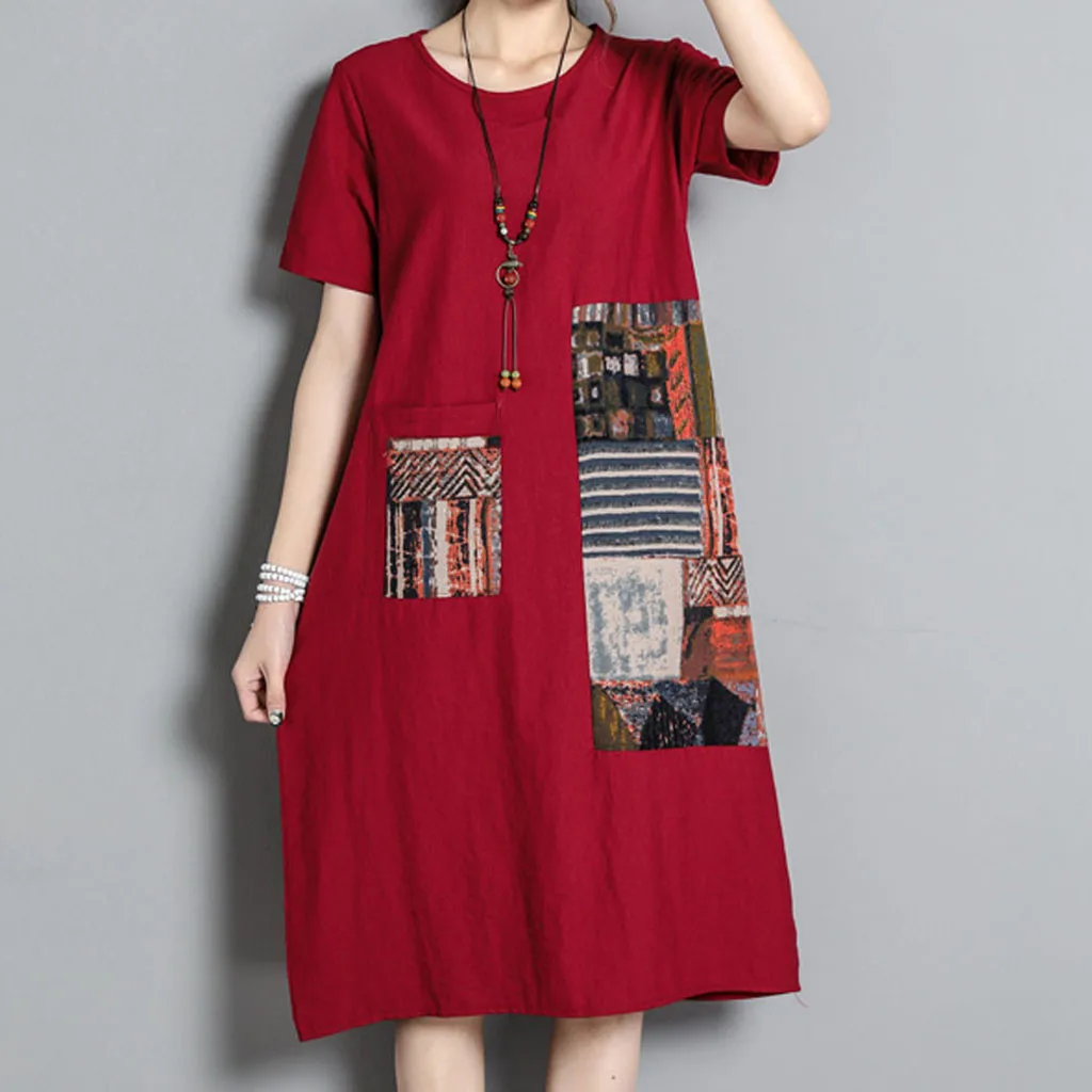 Женское Хлопковое платье с круглым вырезом свободное короткими рукавами и