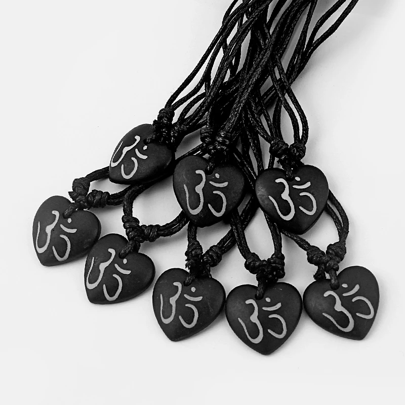 

6pcs Black Yak Bone Heart Charm Pendant Necklace Carve OM/AUM Yoga Symbol Necklace Black Wax Cotton Cord Adjustable