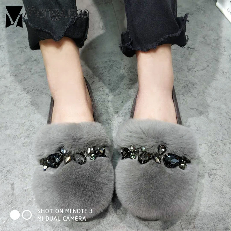 Блестящие стразы цепочкой Лоферы на плоской подошве Зимняя плюшевая хлопковая