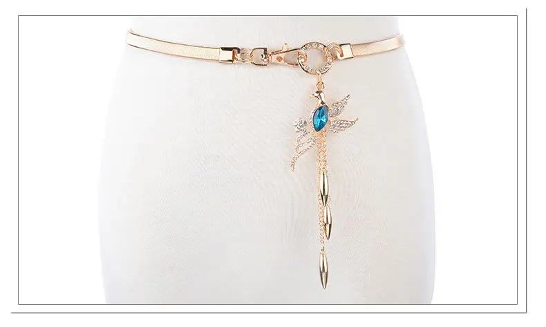 62-75CM Blue Phoenix spring tassel gold metal belts for Women's narrow belt female rhinestone belts for dresses cinturones B007