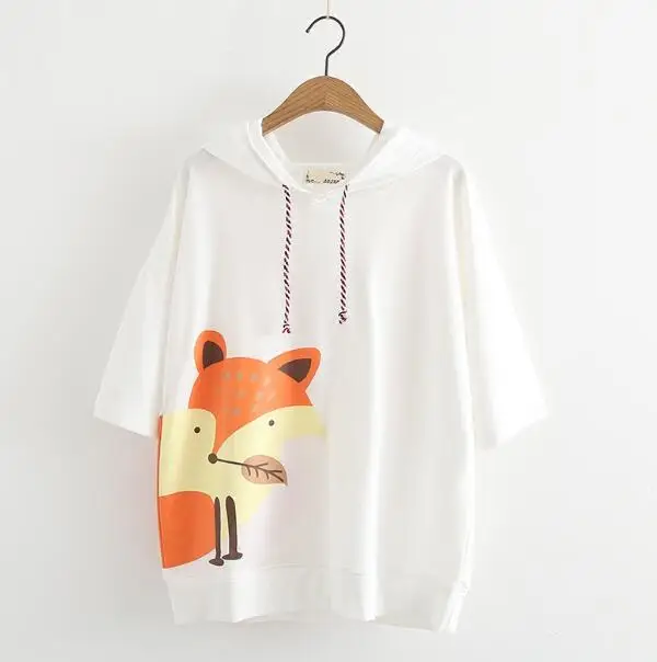Женская футболка с капюшоном и коротким рукавом принтом лисы|tee top|top teestop women |
