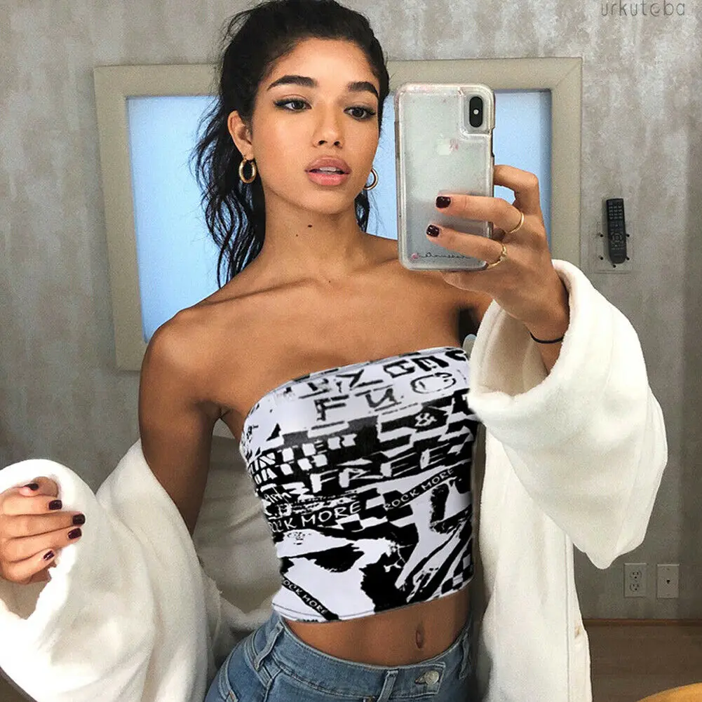 Women Sexy Metal Sling Vest Camisole Tube Top Print Slim Fit Bralette Bustier Shirt Club Crop Short Tee | Женская одежда