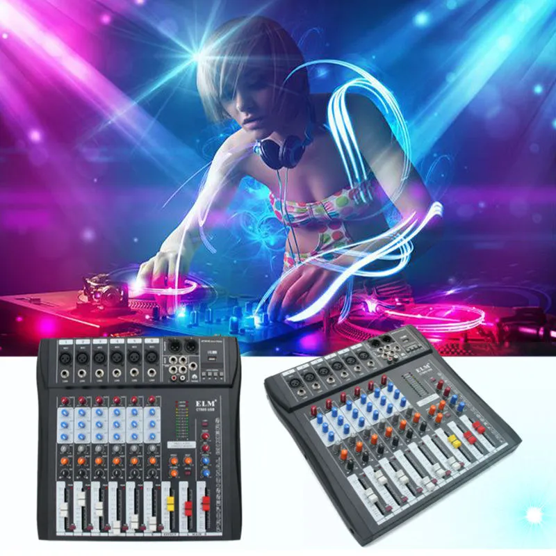 ELM Профессиональный 6 канала караоке аудио DJ микшер контроллер смешивания усилитель консоли с USB 48V микрофон Phantom Мощность