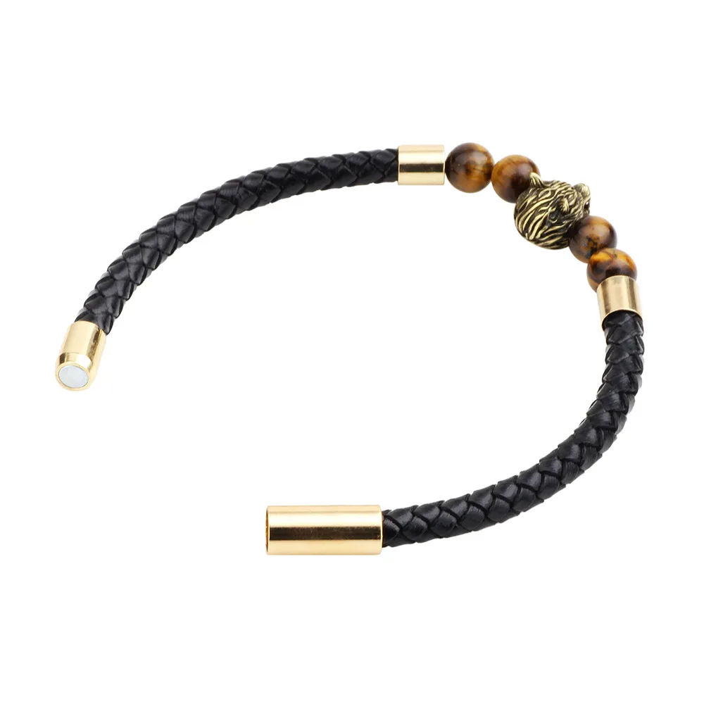 

Cool Animal Head Wolf Design Strand Bracelet Quality Black Leather Chain Punk Braclets for Men Charm Jewelry Accessories