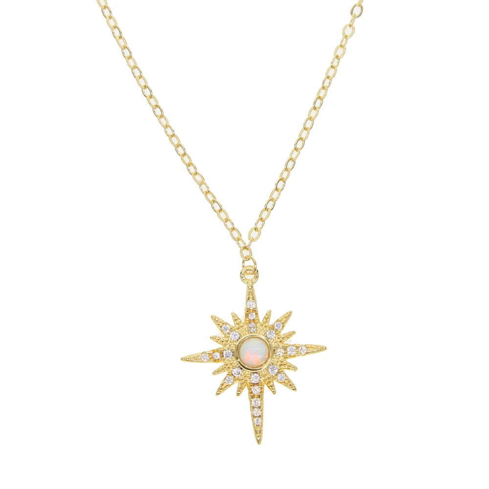 Белый огненный опал Pave clear CZ Золотая Звезда sunburst колье Подвеска очаровательное нежное женское ожерелье для девочки