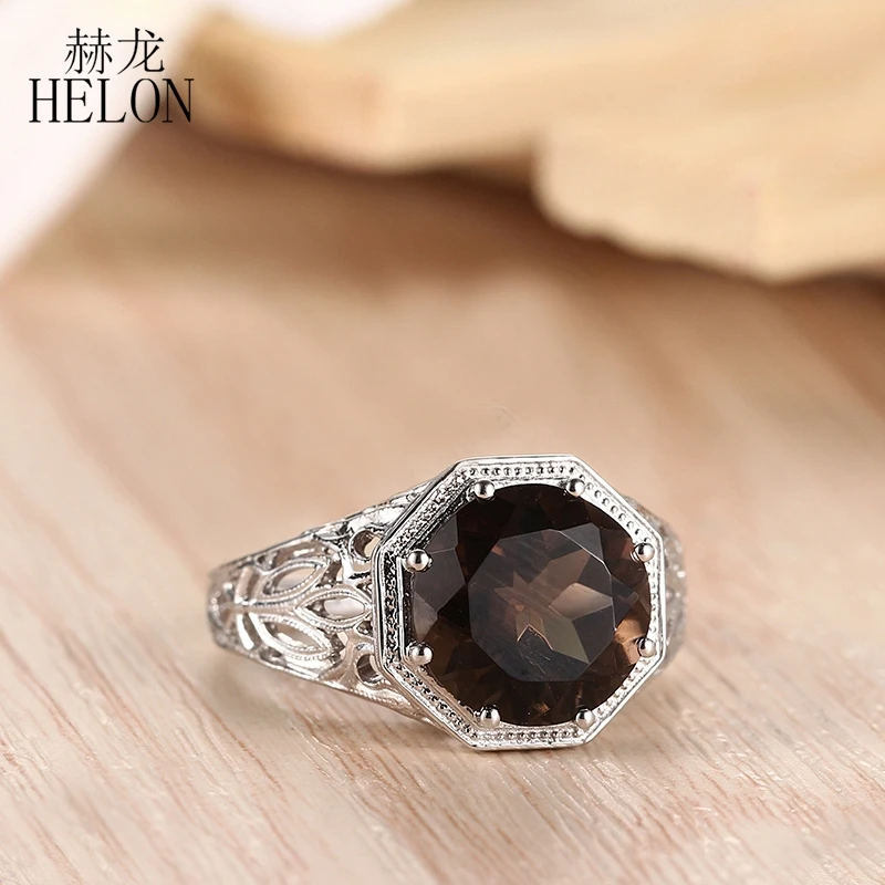 HELON Настоящее серебро 925 проба 3.76ct круглый вырез подлинная дымчатый кварц обручальное кольцо для женщин свадебные старинные ювелирные украшения