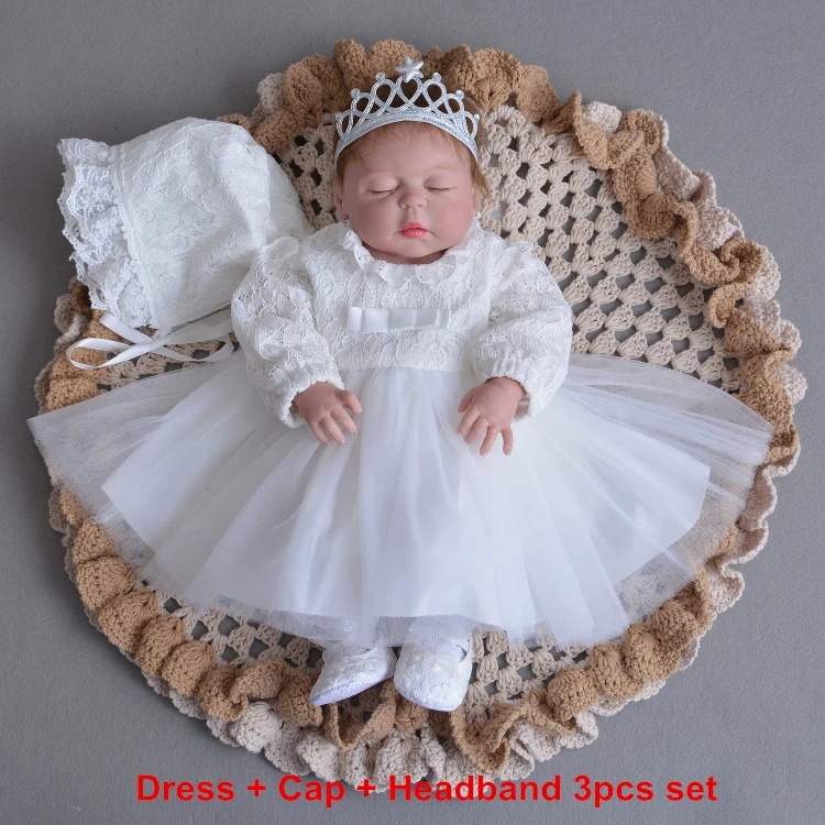 Dress Cap Headband Платье для малышей; платье принцессы для новорожденных девочек с длинными рукавами; платье на крестины; сезон весна-осень; одежда для крещения; одежда для свадьбы; vestido infantil - Цвет: Dress Cap Headband