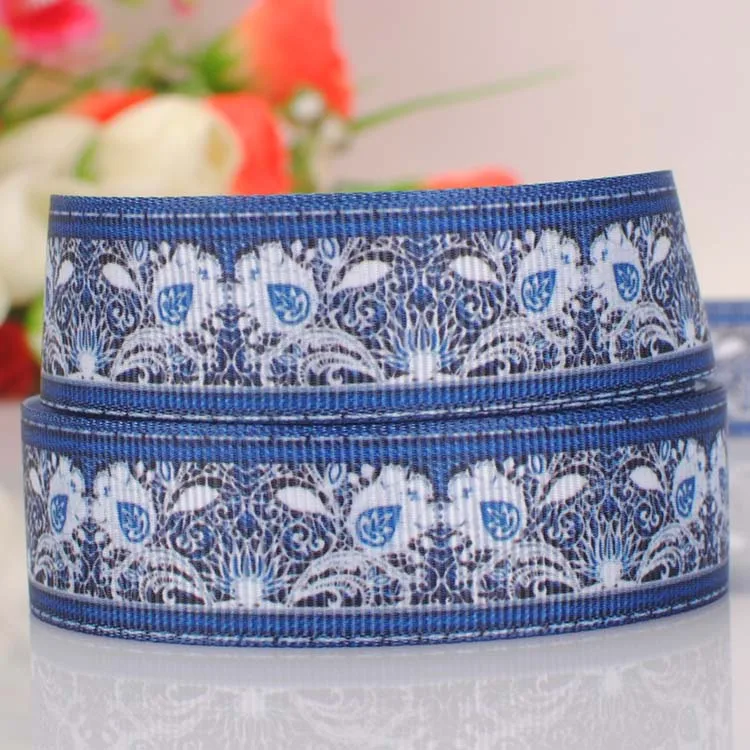 

7/8" 22 mm hot blue jean color flowers pattern ribbon printed grosgrain ribbon free shipping