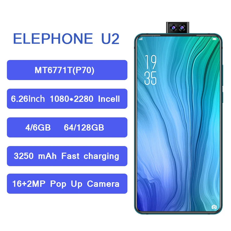 Elephone U2 мобильный телефон Android 9,0 MT6771T 6,26 дюймов FHD+ экран 16MP всплывающая камера лицо ID 4G LTE смартфон