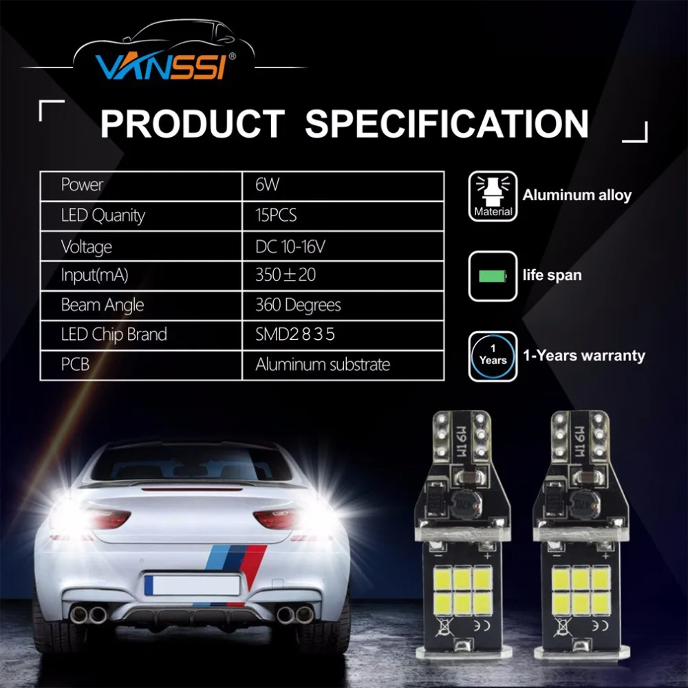 VANSSI 2x921 912 T15 T16 W16W WY16W светодиодные лампы 1000lm CANBUS без ошибок резервные сигнальные огни заднего хода Белый/янтарный 1 год гарантии