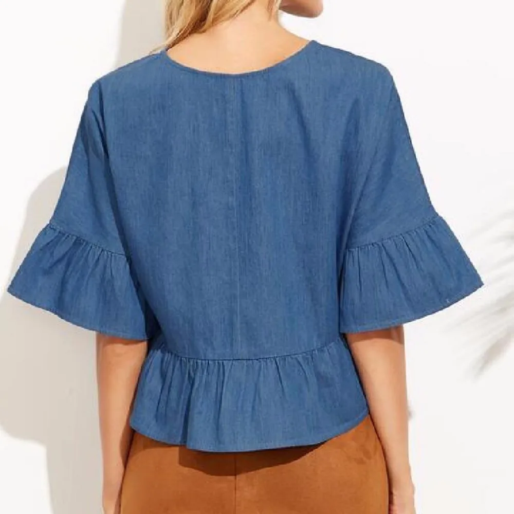 2017 г. женские новые летние джинсовый топ О-образным вырезом свободные половины