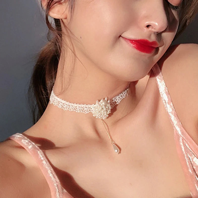 DoreenBeads Romantic Handmade Chocker Necklace White Lace Rope Limited Pearl Beads Tassel Hot Jewelry For Women Gift,1 PC