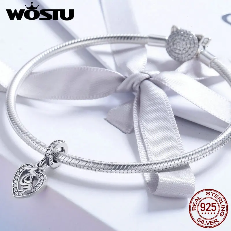 WOSTU настоящие 925 пробы серебряные бусины в форме сердца с надписью «MOM» подходят к оригинальному браслету-Шарму DIY ювелирный подарок FIC789