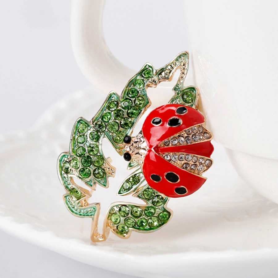 Кристалл Божья коровка Броши для Для женщин Красный Beatles зеленый лист брошь