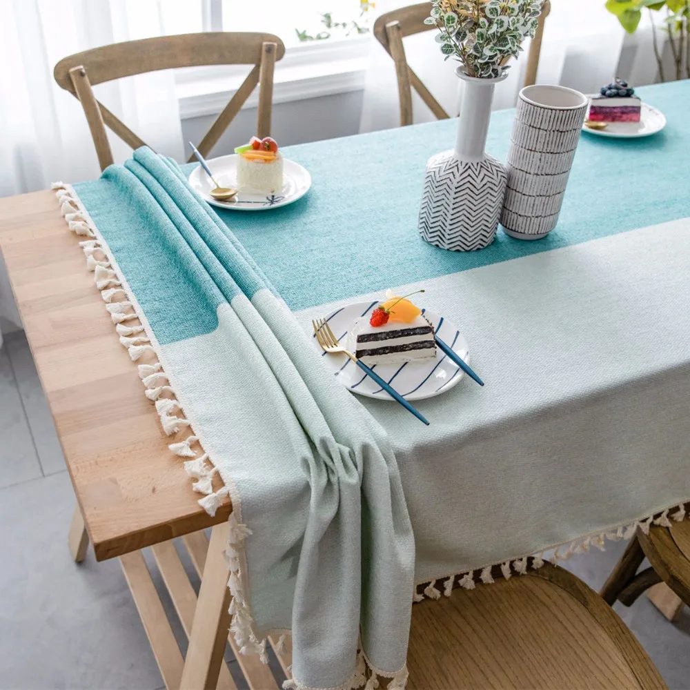 

Japan Style Dining Table Cloth Blue Stitching Linen Cotton Dustproof Tablecloth Tassel Pendant Home Decor Rectangle Table Cover