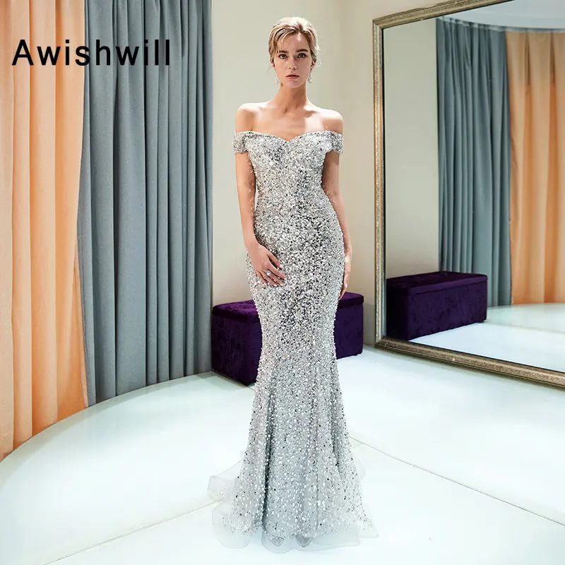 

Sexy Beading Sequins Bling Prom Dress Long Off The Shouler Silver Color Evening Prom Dresses Women Vestido De Festa 2020