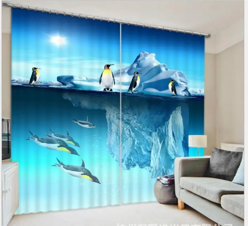 

blue Antarctic Penguin 3D Window Curtains Living Room kids Bedroom decorate Drapes Rideaux Cortinas Customized size pillowcase