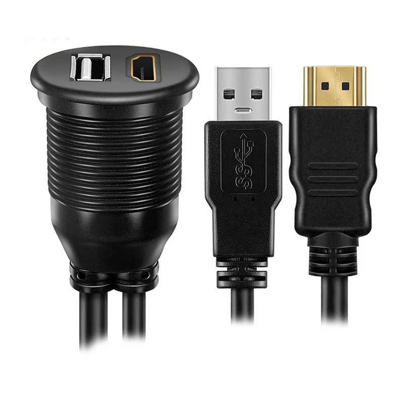 

USB 2.0 & HDMI to HDMI + USB AUX Extension Dash Panel Waterproof Car Flush Mount Cable For Car Boat and Motorcycle - 3ft 1m