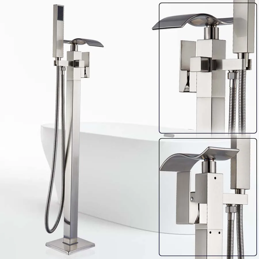 Brushed Nicke Faucet Черный бронзовый свободно стоящий смеситель для ванны, кран с одной ручкой, латунный водопад, смеситель для ванны, напольный коготь для ног, набор для душа - Цвет: Brushed Nicke Faucet