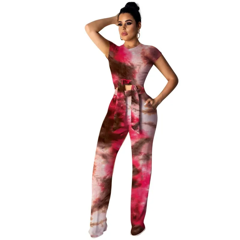 Женский комплект с принтом Tie Dye летние Широкие штаны коротким рукавом из двух