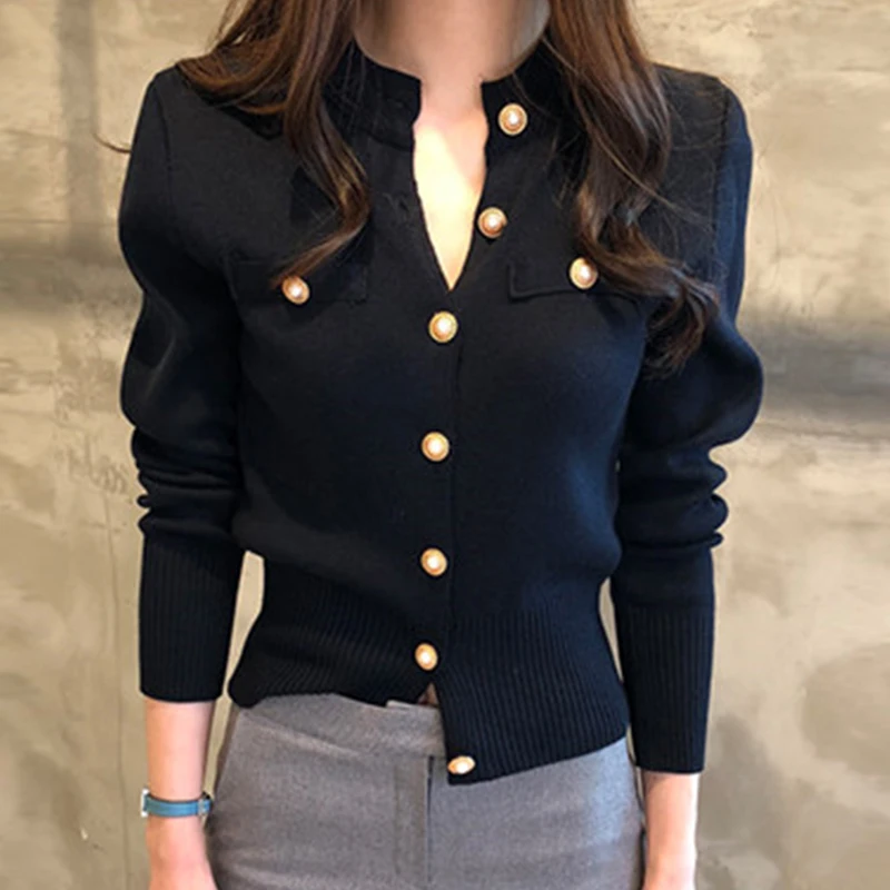 Женский трикотажный кардиган с круглым вырезом длинным рукавом| |