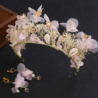 whitepink handmade love flower tiara with earrings floral bridal headbands shell wedding hair accessories jewelry headpiece