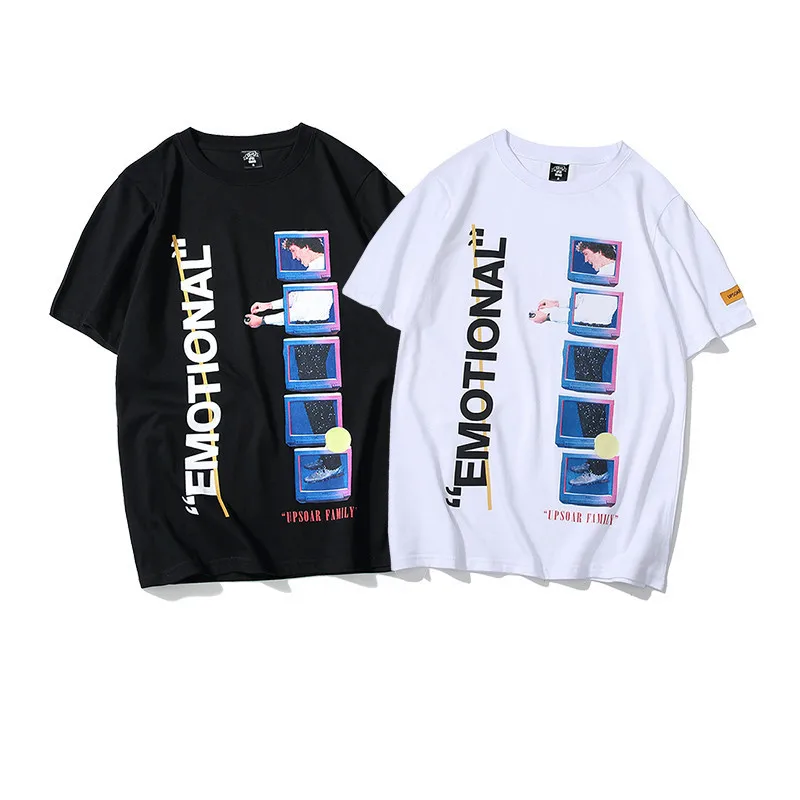 

Mens Black White T Shirt 2019 Summer Hip Hop Streetwear EMOTIONAL Printed T Shirt Male Loose Short Sleeve Cotton T Shirt S-XXL