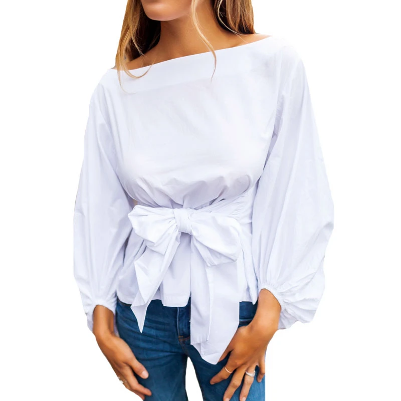 

2018 Summer Puff Sleeve White Blouse with Belt Women Sexy V Neck Woman Shirt Elegant Plaid Tops Formal Clothing for Office lady