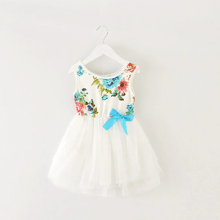 Wholesale Girls Clothing Summer 2017 New Kids Sleeveless Mesh Floral Flower Gauze Dresses Princess Bow Children Clothes 4pcs/LOT | Детская