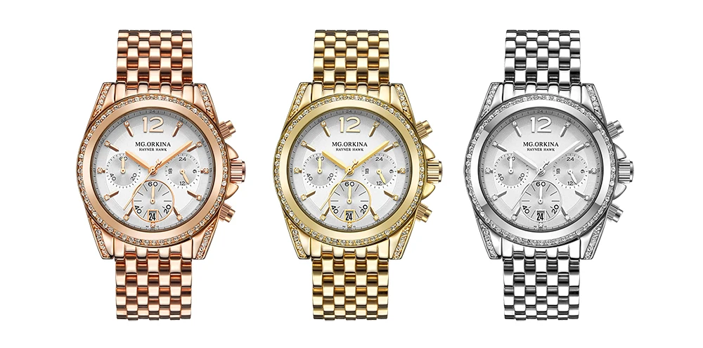 Мужские кварцевые часы ORKINA Роскошные наручные с кристаллами цвета розового