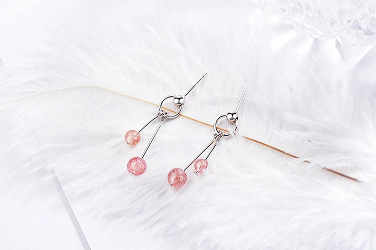 Anenjery Sweet Simple Circle Natural Strawberry Crystal Tassel Earrings 925 Sterling Silver Earrings For Women S-E140
