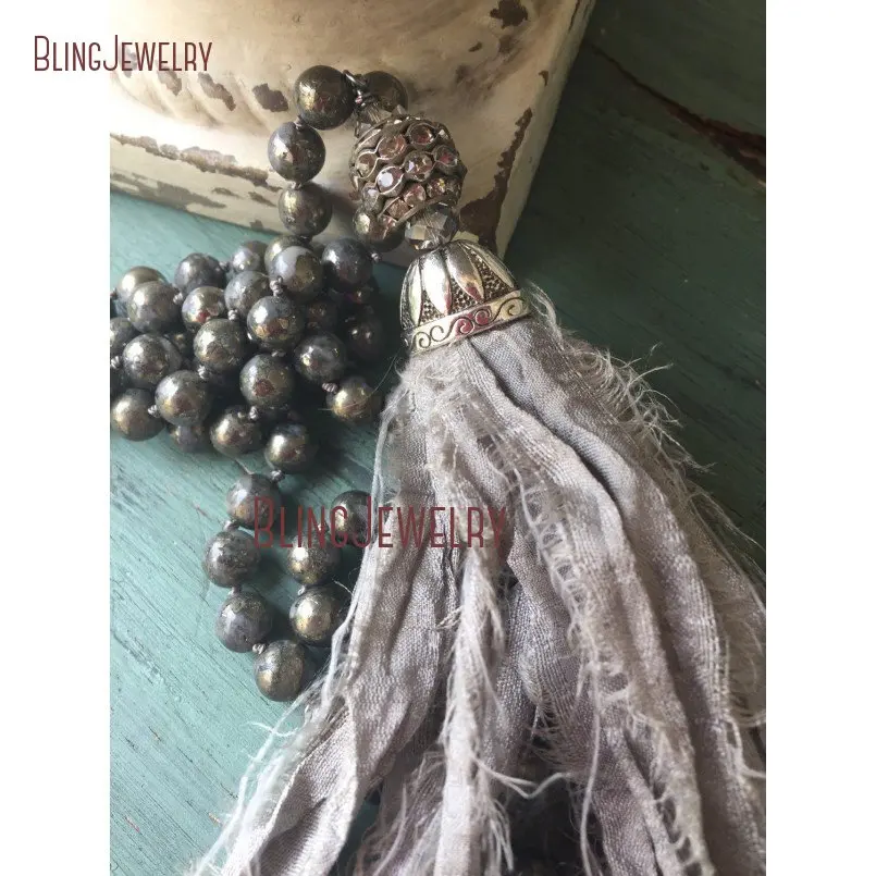 Knot Stone Beads Necklace Gray Shabby BoHo Sari Silk Tassel Necklace NM15493