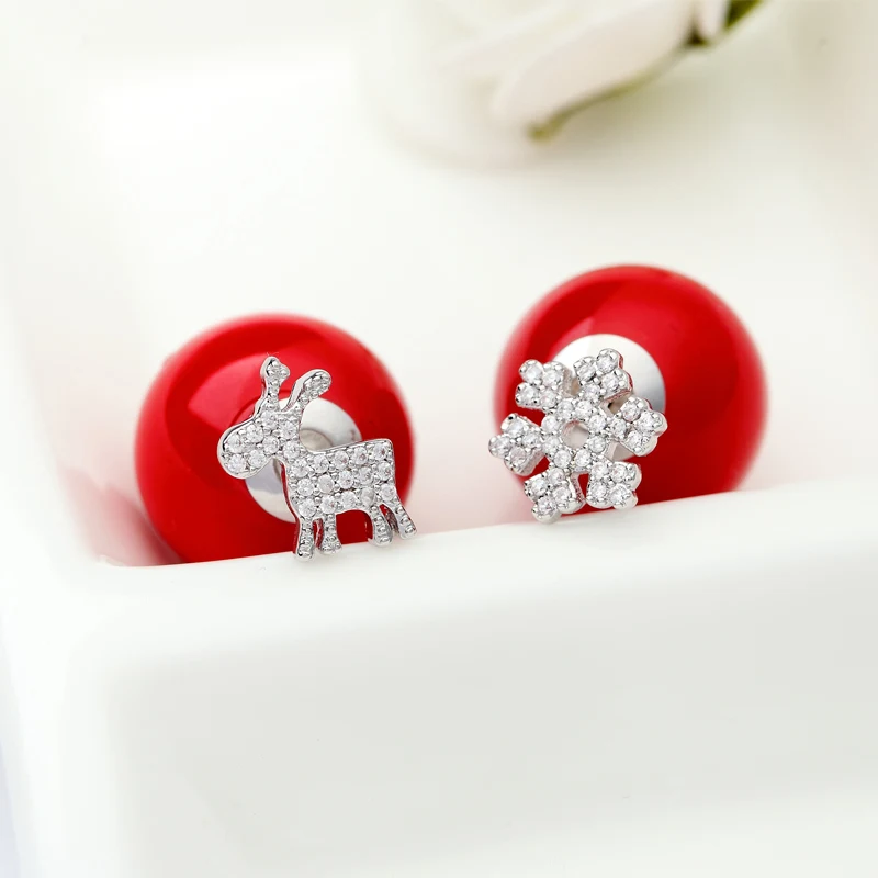 LUOTEEMI New Jewelry Snowflake and Stud Earrings Tiny Shining CZ Crystal Red Imitation Pearl Double Side Brincos Christmas Gift|stud earrings|stud