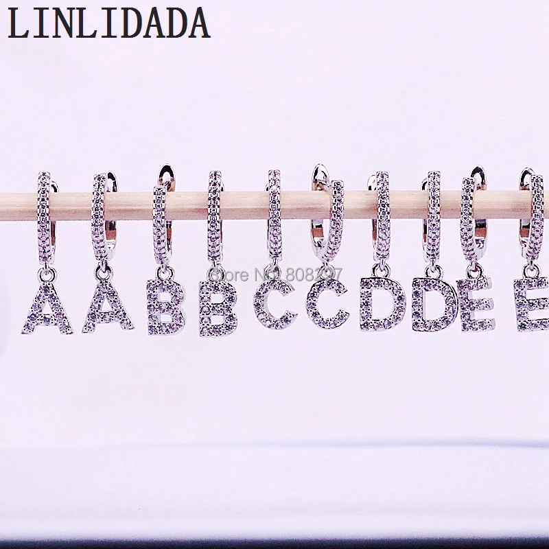 

10Pair New Arrival Trendy Silver Color Micro Paved Cubic Zirconia 26 Initial Letters Charm Dangle Earrings