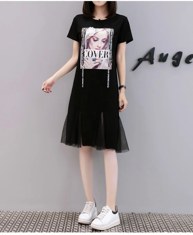 Black Повседневные Черные платья 4XL 3XL Женская летняя футболка с коротким рукавом и надписью с кисточками футболка с круглым вырезом платье из хлопка M58 - Цвет: Black