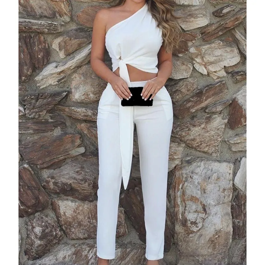 Женский офисный костюм без рукавов однотонный топ с одним плечом и прямые брюки