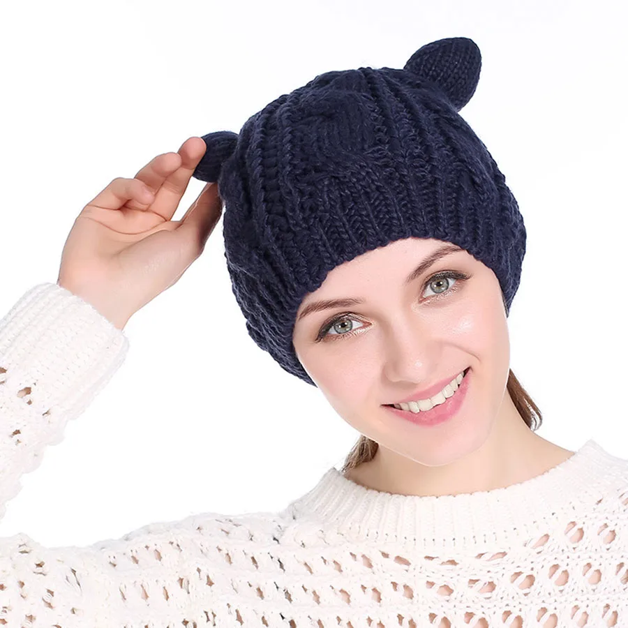 Для женщин Милое кошачье ушко Hat Skullies шапочки теплые однотонные Цвет хип-хоп леди