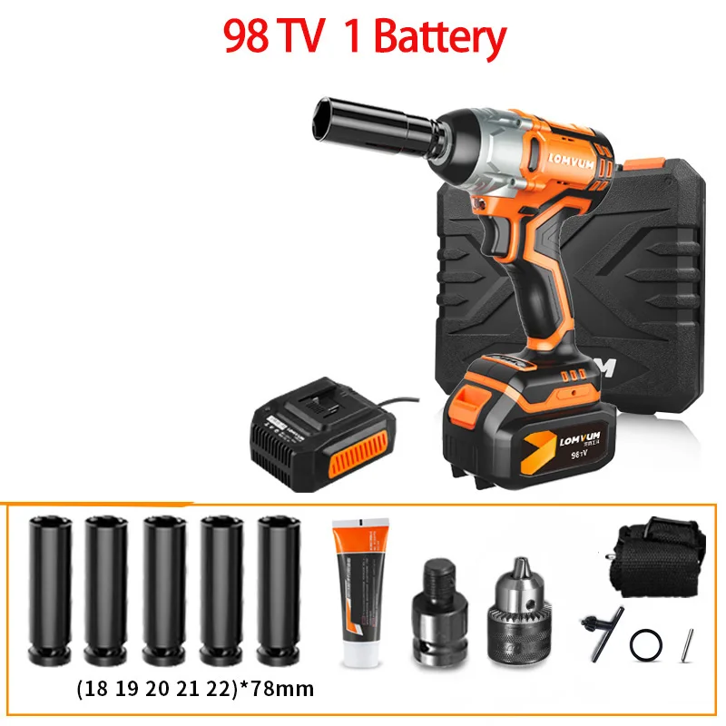 98TV 1 battery LOMVUM бесщеточный гаечный ключ Аккумуляторный Электрический Гайковерт ударный гаечный ключ Аккумуляторный гаечный ключ Li батарея установка электроинструмент - Цвет: 98TV 1 battery