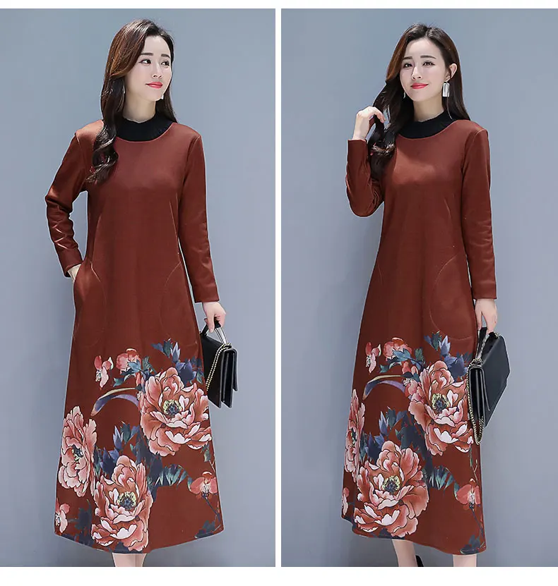Retro chinese style print dress 2018 winter new plus velvet thickening temperament women fashion warm size M~4XL | Женская одежда