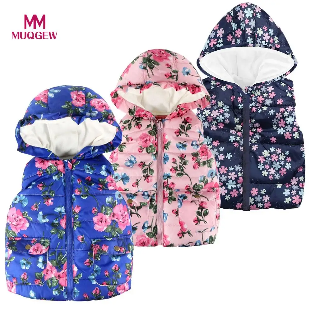 Теплый жилет без рукавов с капюшоном и цветочным принтом для маленьких девочек