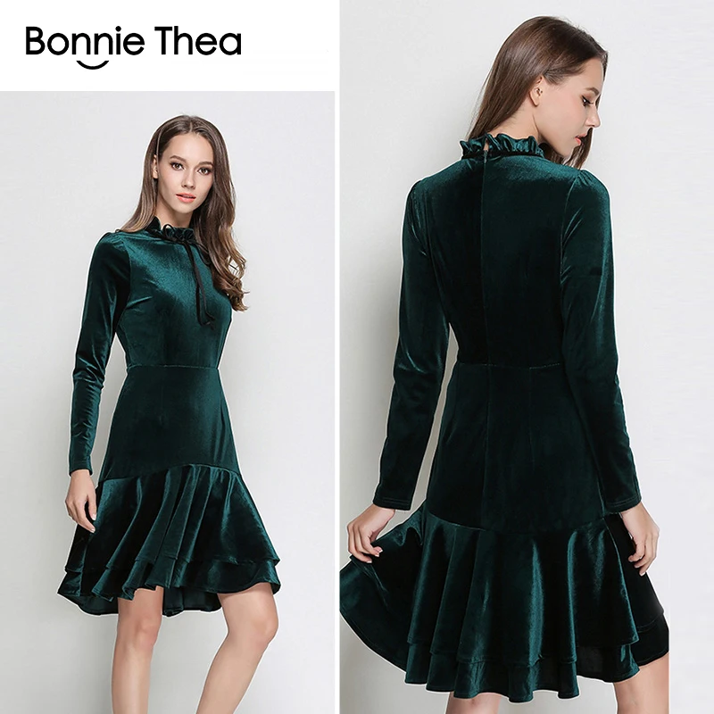 Bonnie Thea Женское зимнее бархатное платье femme зеленое элегантное платье с длинным рукавом вечернее платье женская одежда vestidos