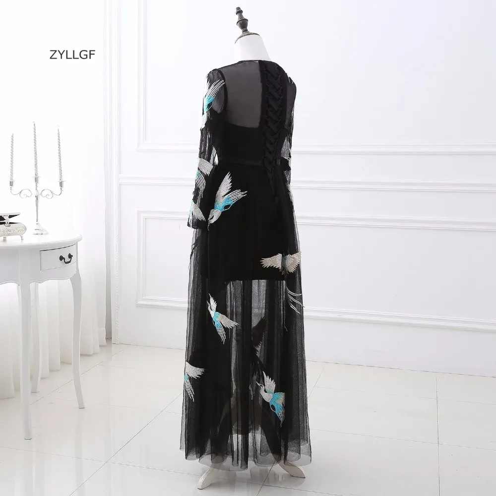 ZYLLGF вечернее платье с длинным рукавом круглым вырезом длинное формальное черное