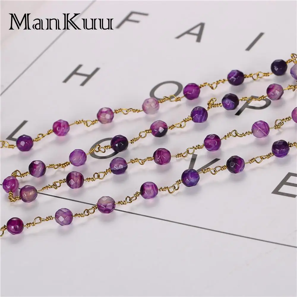 Позолоченные бусины цепочки Mankuu 5 м/лот с гранеными фиолетовыми полосками