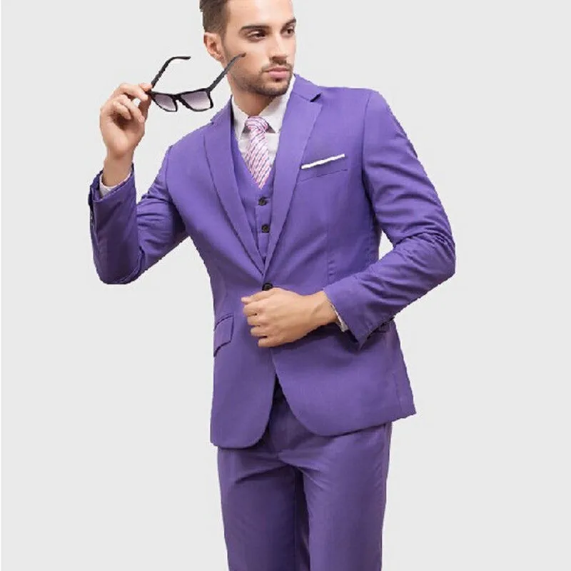 Purple notch lapel mens suits 2017 Groom Tuxedos Groomsmen Men Wedding suits business Grooms men suits ( jacket+Pants+vest+tie)