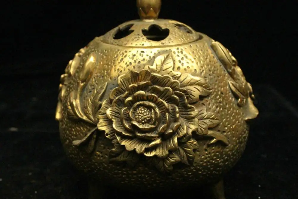 5 2 &quotКитайская старая желтая бронза ручной работы пион кадильница в форме цветка