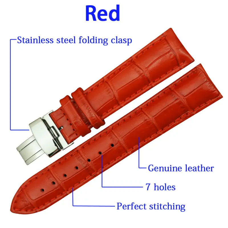 MAIKES Folding Buckle Watch Band 14mm 16mm 18mm 20mm 22mm Red Genuine Calf Leather Watch Strap For Women Quartz Watch