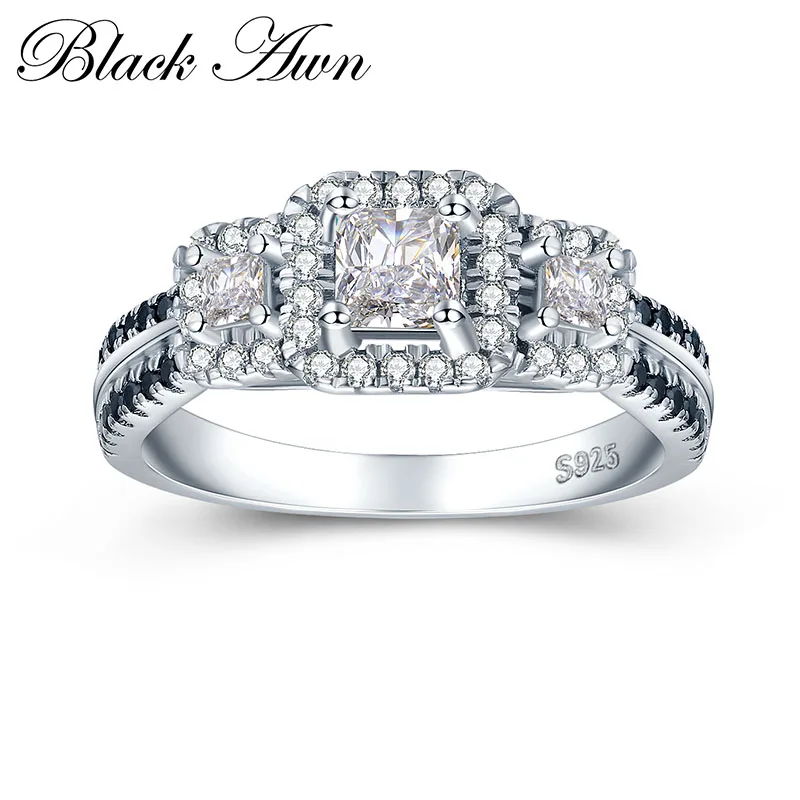 

[BLACK AWN] 3.7g 925 Sterling Silver Jewelry Black&White Stone Wedding Rings for Women Engagement Ring Femme Bijoux Bague C430