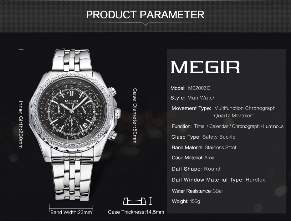 Мужские кварцевые часы MEGIR полностью из нержавеющей стали с подсветкой 24 часа |